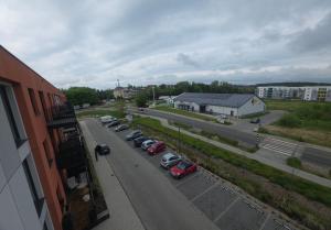 a view of a street with cars parked in a parking lot at Zaczarowana Rotmanka in Rotmanka