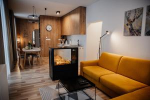 a living room with a couch and a fireplace at Apartmány Esprit in Dolný Kubín +76 photos