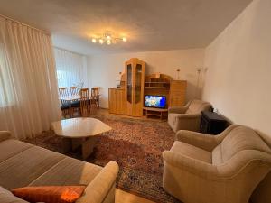 a living room with a couch and a tv at Sweet Home in Ocna-Mureşului