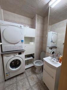 a small bathroom with a washing machine and a sink at Sweet Home in Ocna-Mureşului