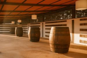 a row of wooden barrels in a room at Masia Olivera in Sant Pau dʼOrdal
