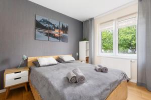 a bedroom with a bed with two pillows on it at Apartament z Liskiem Szczyrk przy Żylicy SKI bus narty relaks i natura in Szczyrk