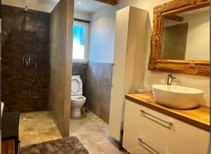 a bathroom with a sink and a toilet and a mirror at Maison plein pied in Sorgues