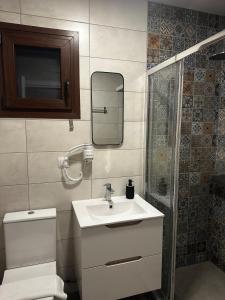 a bathroom with a toilet and a sink and a mirror at Letsios Steel3 in Kalabaka