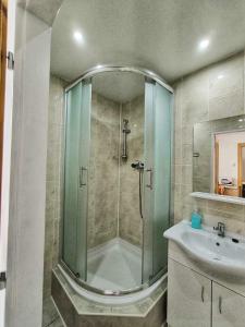 a bathroom with a shower and a sink at Sokolovna in Bohumín