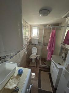 a bathroom with a toilet and a sink and a tub at Tri Cveta in Popadić