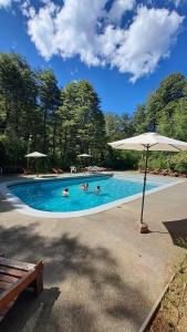 a pool with people in it with an umbrella at Termas Palguin Pucón in Pucón
