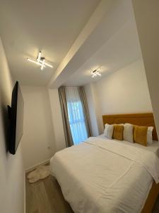 a bedroom with a bed and a flat screen tv at Luxury Vibes in Şelimbăr