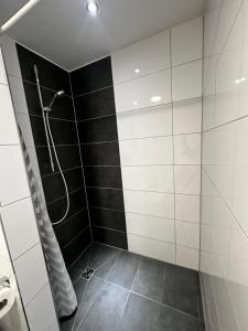 a bathroom with a shower with black and white tiles at STAY - Seeblick Apartment in Friedrichshafen