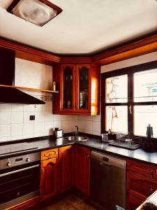 a kitchen with wooden cabinets and a sink at Villa Alexandra 1 in Imárcoain