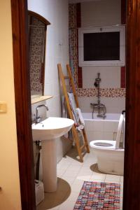 a bathroom with a sink and a toilet and a tv at Atelier Meso in Le Kram