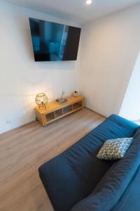a living room with a blue couch and a tv at Le Refuge Marin - Vue Mer - Accès direct Plage - Terrasse - Climatisation - Place de Parking in Leucate-Plage