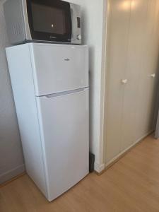 a microwave sitting on top of a white refrigerator at Studio cabine Canet Plage Parking in Canet-en-Roussillon