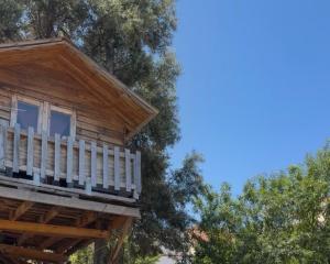 a wooden cabin with a porch and trees at El Refugio de Las Vegas in Valsequillo