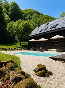 a swimming pool with umbrellas and a building at Cabana Crang in Dobra