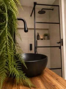 a bathroom with a black bowl sink on a wooden table at Cabana Crang in Dobra +118 photos