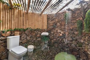 a bathroom with a toilet and a stone wall at El Refugio de Las Vegas in Valsequillo