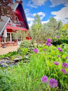 a garden with purple flowers in front of a red house at Ferienhaus am Mescheriner See in Mescherin