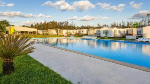 a large swimming pool with a palm tree in the foreground at 1A Casa Azul in Pataias