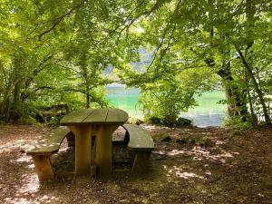 a wooden bench sitting next to a body of water at Dimaro Apartment in Monclassico +24 photos
