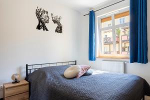 a bedroom with a bed with blue curtains and a window at Plac Solny 4 Discreet&Comfort Głogów in Głogów