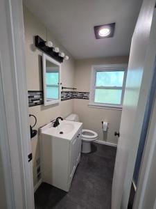 a bathroom with a sink and a toilet and a window at Beach Vacation Home in Rochester