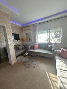 a living room with a couch and a tv at Green Oasis in Bou Ficha