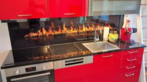 a kitchen with a stove with a fire in it at Das Gartenhaus - Lottstetten in Lottstetten