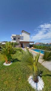 a house with a swimming pool and palm trees at Julis Villa in Draç