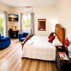 a bedroom with a large white bed and a desk at COCOVIEW Hotel in Valle de Ángeles