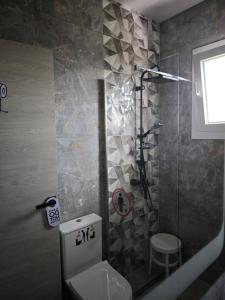 a bathroom with a toilet and a shower at Μπαλκόνι με Θέα in Pérdika +46 photos