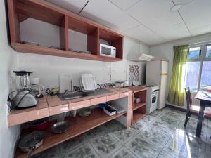 a kitchen with a counter with a sink and a refrigerator at Tropical Haus CR - El Manglar in Puerto Jiménez