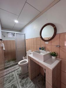 a bathroom with a toilet and a sink and a mirror at Tropical Haus CR - El Manglar in Puerto Jiménez +1 photo