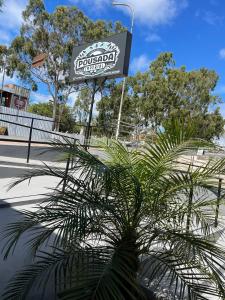 a palm tree in front of a sign on a street at Pousada Imperial in Seabra