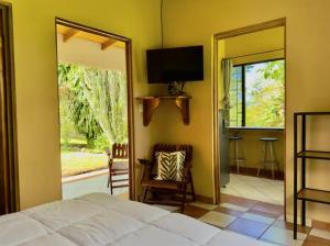 a bedroom with a bed and a tv and a mirror at Lago Vida Cabins in Tilarán