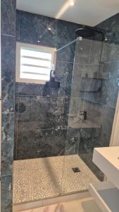 a bathroom with a shower with a window at L' É'sens Karaïbes in Les Abymes +5 photos