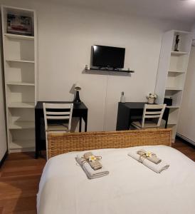 a bedroom with a bed and a desk and a tv at Appartement Chaleureux avec Jardin proximité Métro in Marseille