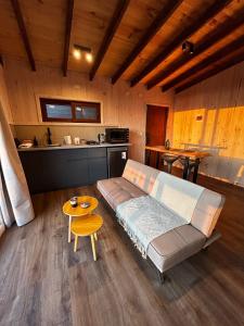 a living room with a couch and a table at Piedra Amarilla Tiny House in Curanipe
