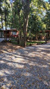 a park with a bench and a tree and a building at Cabañas Tía Marce, Los Lleuques in Recinto