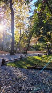 a path in a park with trees and a rope at Cabañas Tía Marce, Los Lleuques in Recinto