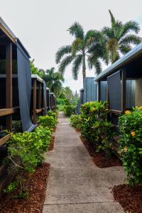 a walkway between buildings with palm trees in the background at Wongai Beach Hotel in Horn
