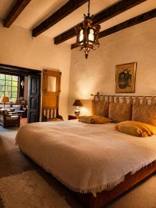 a bedroom with a large bed and a chandelier at Chalet Ojo de Agua in Jilotepec de Abasolo +33 photos