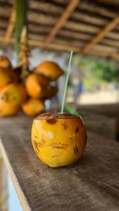 a peeled orange sitting on top of a table at Happy Hippy Beach Cabanas Peanut Farm in Panama