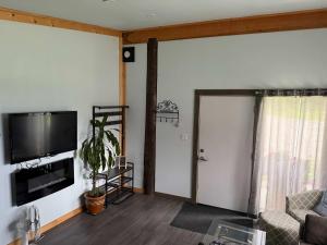 a living room with a flat screen tv and a couch at Pine Marten Wilderness Cabin - Hot Tub & Mountain Views in Golden