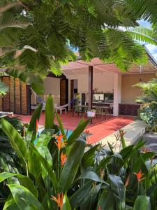 a room with a courtyard with green plants at Juntas Del Lago in Apulo