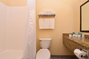 a bathroom with a toilet and a shower and towels at Holiday Inn Express Morgantown, an IHG Hotel in Morgantown