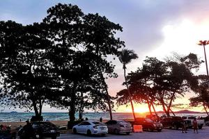 a group of cars parked on a beach with trees at VS Beach Front in Jomtien Beach