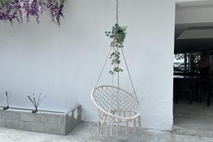 a rattan chair with a plant hanging from a wall at VS Beach Front in Jomtien Beach