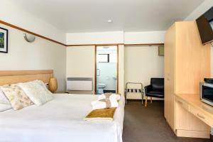 a bedroom with a large bed and a tv at The Beachcomber Hotel in Nelson