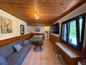 a living room with a couch and a tv at The Village Studio AVLI Upper Vrasna in Nea Vrasna